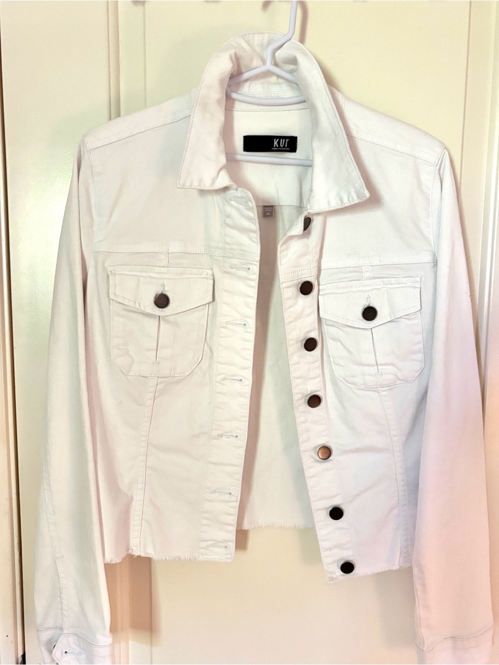 Kut from the Kloth Cropped White Denim Jacket with Button Front
